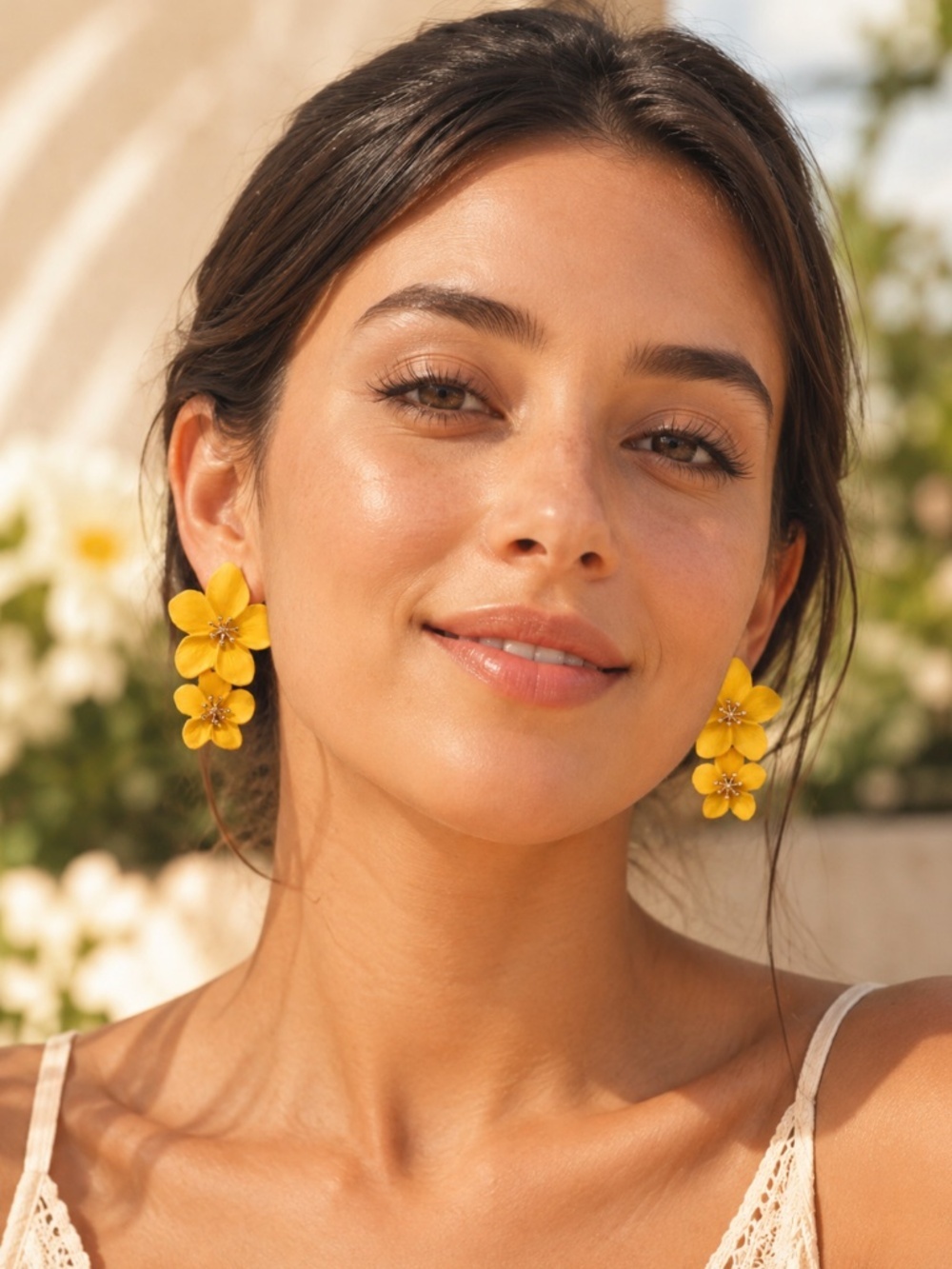 NWT Yellow Double Flower Statement Earrings